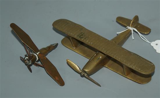 Trench Art brass model of a bi-plane & Trench Art brass model monoplane made out of a bullet
